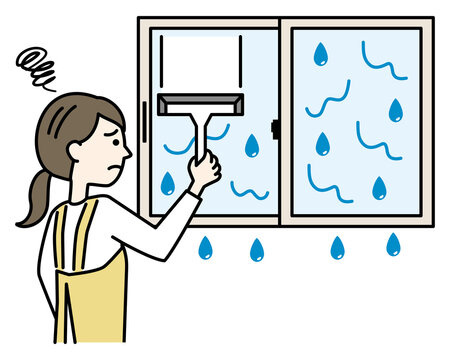 結露で濡れた窓に悩むエプロンの女性　ワイパー　スクイジー