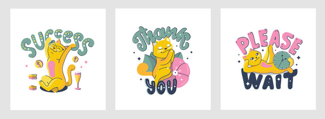 Cartoonish cat and a lettering phrase - Thank you. The funny cat is happily sitting in flowers. Good for cloth designs, t-shirts, postcards, web, etc. The flat sticker is a vector illustration
