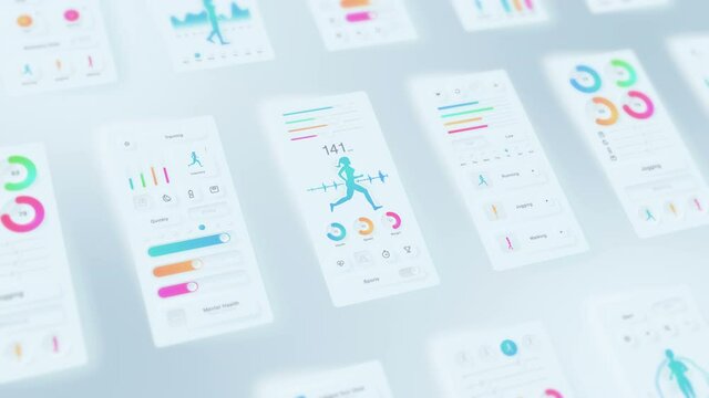 Creative design of fitness application. Neumorphism. Hi tech panel. Running and sports concept. UI, UX, GUI mobile screens modern infographic. Loop animation.