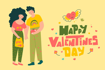 Fototapeta premium Valentines day lovers card in flat style. Greeting card design.