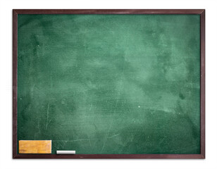 Empty green chalkboard with eraser and white chalk hang on the wall isolated on white background - obrazy, fototapety, plakaty