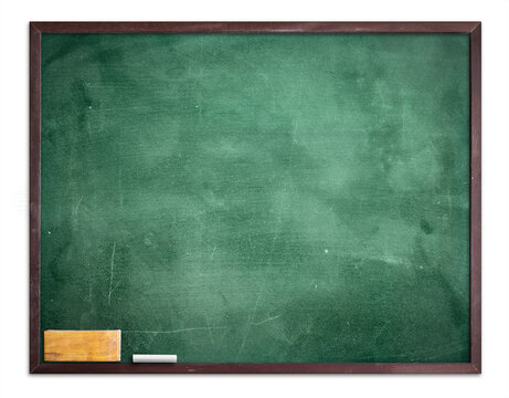Empty green chalkboard with eraser and white chalk hang on the wall isolated on white background
