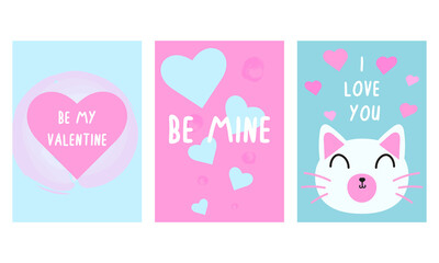 Set of Valentine's day greeting cards. Be my Valentine, I Love you words, be mine. Vector illustration template