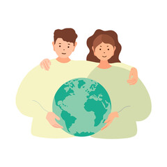 Ecology concept people hold and hugging the earth. Man and woman take care about planet. Vector earth day concept. Saving planet illustration. Protect nature banner.