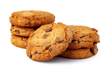 Stacked chocolate chip cookies isolated on white background