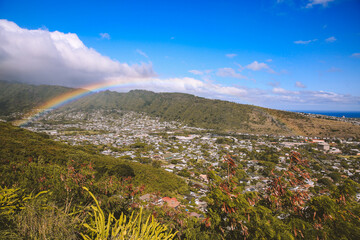 Rainbow over Manoa valley, Tantalus lookout, Honolulu, Oahu, Hawaii