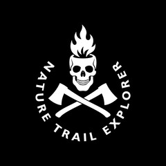 Color illustration of a skull, crossed axes, fire, text on a black background. Vector illustration for logo, emblem, print. Explorer of nature trails.
