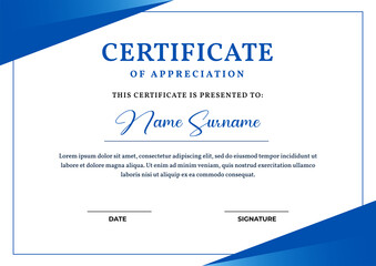 Elegant blue gradient color certificate template, appreciation for business and education