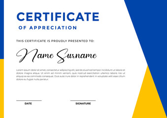 Modern blue and yellow certificate template with abstract shapes design, appreciation for business and education