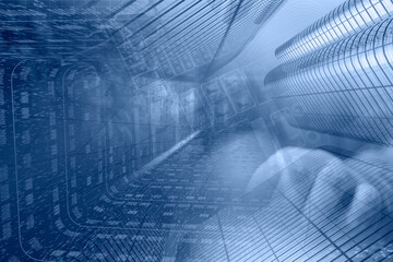 Keyboard, hands and buildings