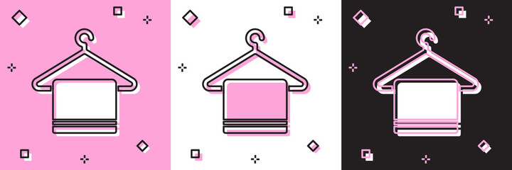 Set Towel on a hanger icon isolated on pink and white, black background. Bathroom towel icon. Vector Illustration.