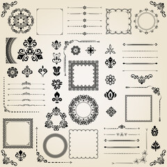 Vintage set of horizontal, square and round elements. Different elements for backgrounds, frames and monograms. Classic black patterns. Set of vintage patterns