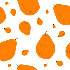 Ripe round pears in seamless pattern on white. Simple and flat hand drawn design. Suits for wrapping, packaging, boxing. Great as background, banner or fabric.