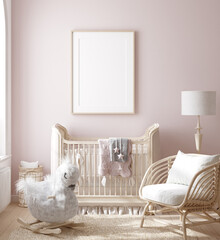 Mock up frame in girl nursery with natural wooden furniture, 3D render - obrazy, fototapety, plakaty