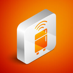 Isometric Smart refrigerator icon isolated on orange background. Fridge freezer refrigerator. Internet of things concept with wireless connection. Silver square button. Vector.