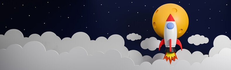 Rocket flying over cloud go to the moon on  galaxy background.Business startup concept.3d model and illustration.