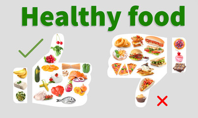 Collage of healthy and unhealthy food on grey background