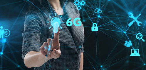 Business, technology, internet and network concept. Young businessman thinks over the steps for successful growth: 6G