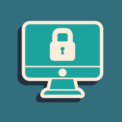 Green Lock on computer monitor screen icon isolated on green background. Security, safety, protection concept. Safe internetwork. Long shadow style. Vector.