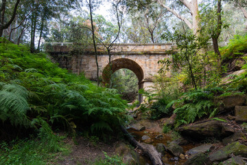 Green plants around Lennox Bridge, the oldest arch bridge in Australia.