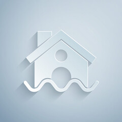 Paper cut House flood icon isolated on grey background. Home flooding under water. Insurance concept. Security, safety, protection, protect concept...