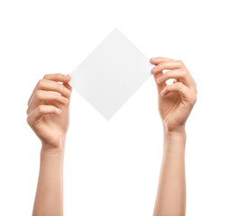 Female hands with blank paper on white background