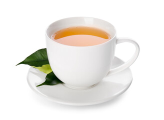 Cup of green tea on white background