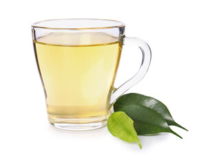 Cup of green tea on white background