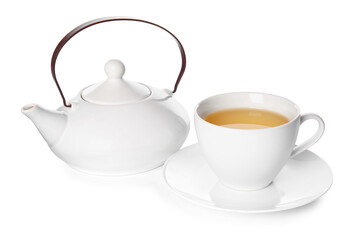 Cup of green tea and teapot on white background