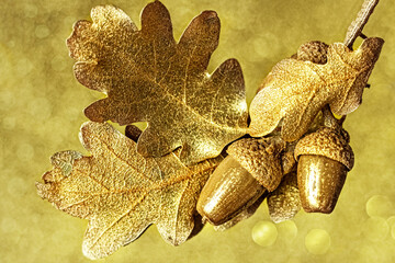 Oak twig with leaves and acorns of gold color on a background with bokeh