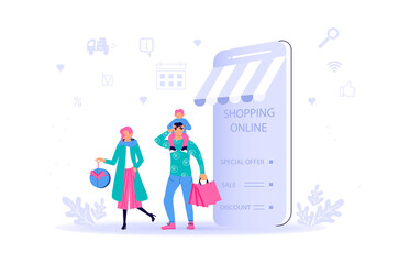 Ecommerce retail on device for customer application on white background. People going for shopping to smartphone and go out happy with bags after deals. Vector flat illustration