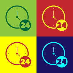Pop art Clock 24 hours icon isolated on color background. All day cyclic icon. 24 hours service symbol. Vector.
