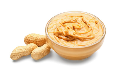 Bowl with tasty peanut butter and nuts on white background