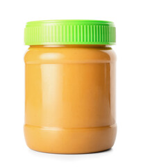 Jar of tasty peanut butter on white background
