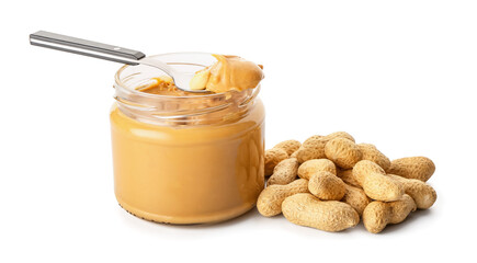 Jar and spoon with tasty peanut butter  on white background