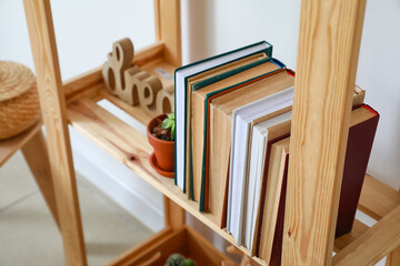 Fototapeta na wymiar Shelf unit with books and decor near white wall in room