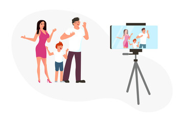 Happy family taking a broadcast for social media network vector illustration. People characters vloggers make a live streaming.
