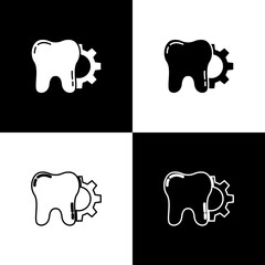 Fototapeta premium Set Tooth treatment procedure icon isolated on black and white background. Tooth repair with gear. Vector.