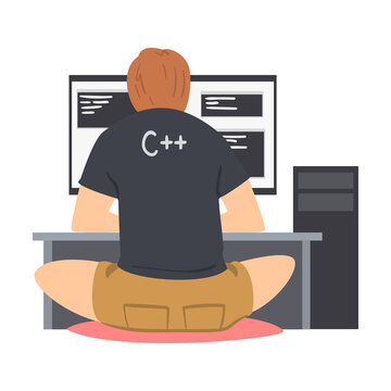 Man Web Developer or Programmer Working In Front of Computer Screen Vector Illustration