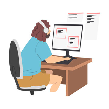 Bearded Man as Software Developer or Programmer Engaged in Coding in Server-side Framework on Computer Vector Illustration