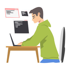 Male as Software Developer or Programmer Engaged in Coding in Server-side Framework on Laptop Vector Illustration