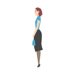 Side View of Young Woman in Elegant Clothes with Bag Standing and Waiting Cartoon Style Vector Illustration