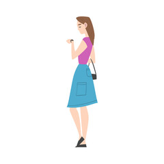 Young Woman Wearing Casual Dress Standing and Waiting Cartoon Style Vector Illustration