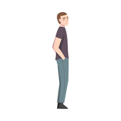 Young Man Wearing Casual Clothes Standing with Hands in his Pockets and Waiting, Side View Cartoon Style Vector Illustration