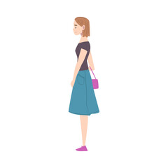 Side View of Young Woman Wearing Elegant Dress Standing and Waiting Cartoon Style Vector Illustration