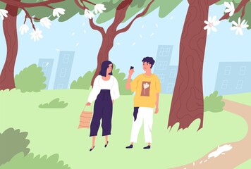 Happy couple walking in green city park in summer. Modern people strolling in nature. Young guy taking photo on phone of his stylish girlfriend. Colorful flat vector illustration on white