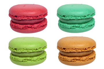 Pastries, desserts and sweets. Collage set of various multicolored original french macaroon cookies isolated on a white background. Such as red strawberry, green pistachio, yellow lemon, brown chocol