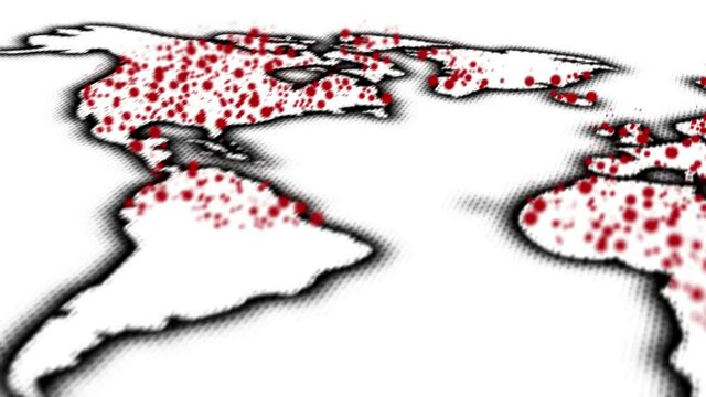 A pan across a vector illustration time-lapse showing corona virus starting in hotspots and spreading across the world finally showing the total outbreak