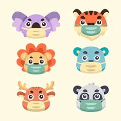 collection cute animals illustrations wearing masks