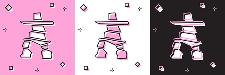 Set Inukshuk icon isolated on pink and white, black background. Vector.
